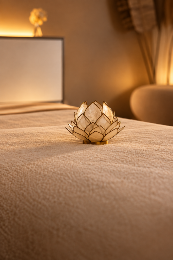 Décoration en forme de lotus doré sur une table de massage, dans une ambiance chaleureuse au Spa de Mélanie à Nîmes.